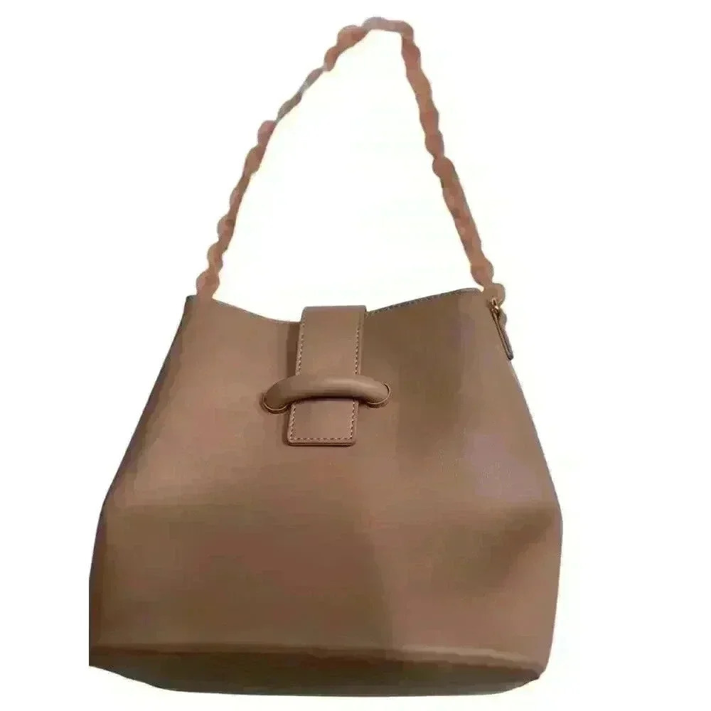 Fashionable Chain Handle Shoulder Bag Elegant Solid Color Leather Bucket Purse - Picture 3 of 16